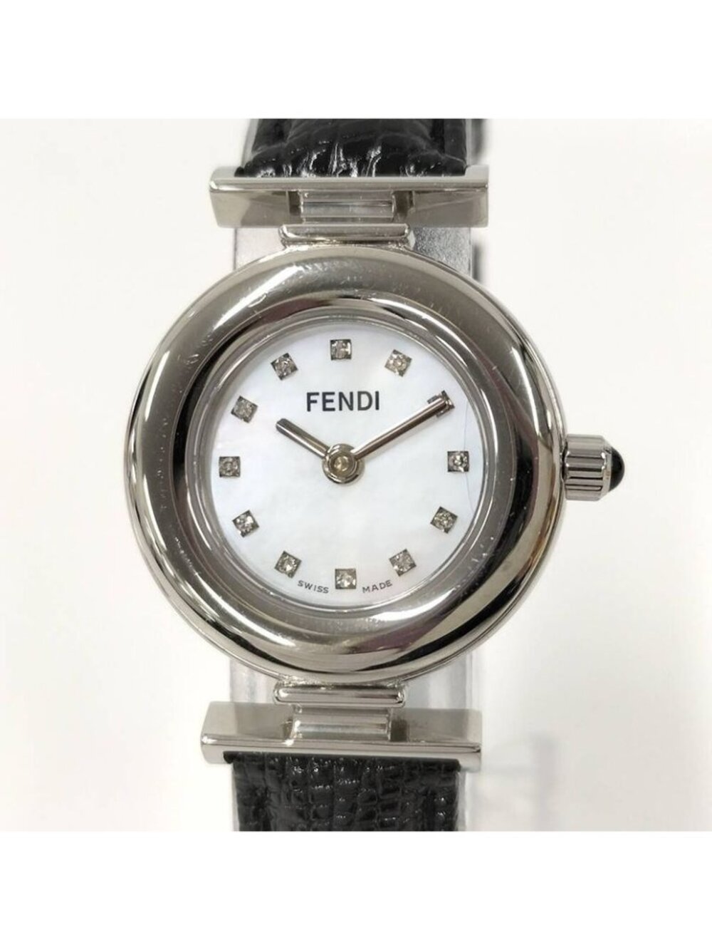 Fendi Watch Quartz Black Leather White Shell Dial